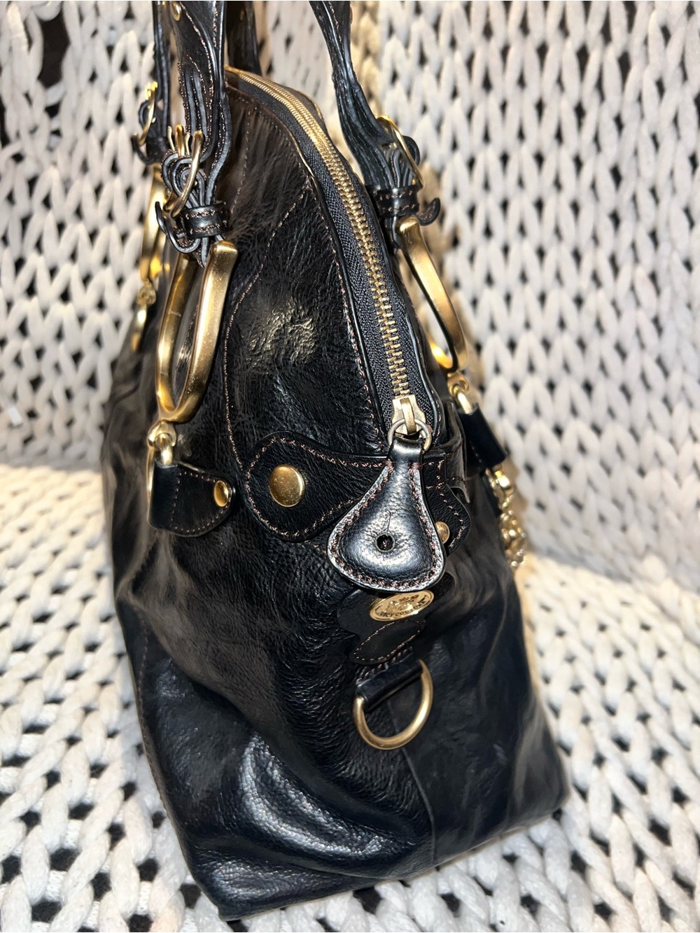 Black Leather Structured Tote with Gold Hardware - Picture 3 of 10